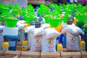 Row of bright green plastic buckets atop white aid sacks, with logos, at a relief distribution site.